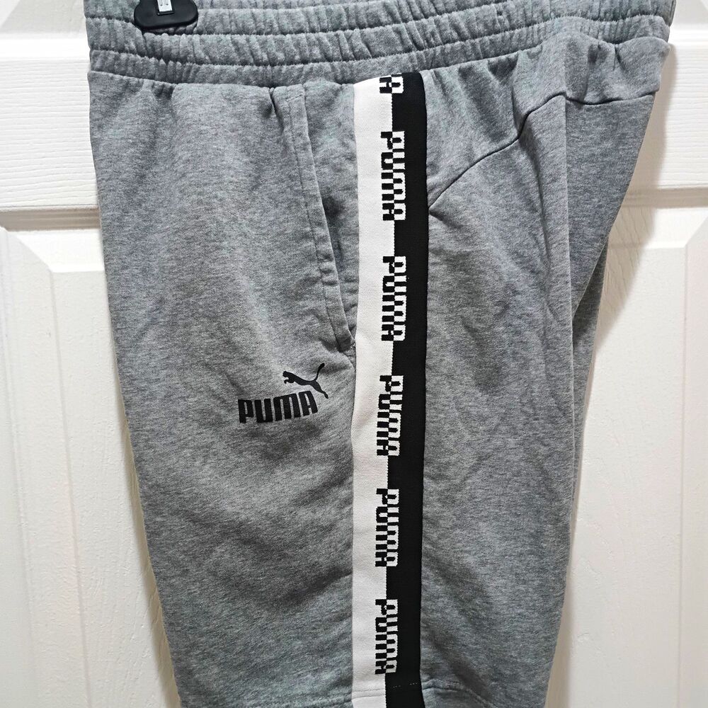 PUMA Men’s L Gray Colorblock Logo Stripe Athletic Shorts Drawstring Pockets 9"